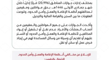 الجوازات تصدر (20,996) قرارًا إداريًا بحق مخالفين لأنظمة الإقامة وأمن الحدود
