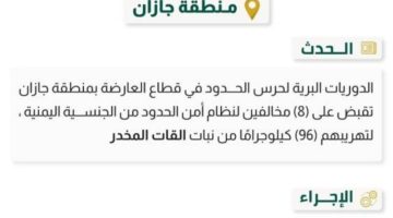 حرس الحدود بمنطقة جازان يقبض على (8) مخالفين لنظام أمن الحدود