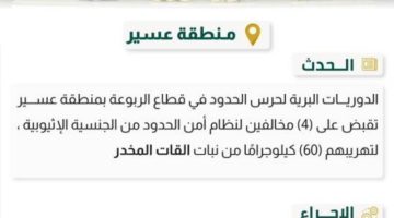 حرس الحدود بعسير يقبض على 4 مخالفين لنظام أمن الحدود لتهريبهم 60 كيلوجرامًا من نبات القات المخدر