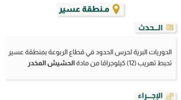 حرس الحدود بعسير يحبط تهريب 12 كيلوجرامًا من مادة الحشيش المخدر