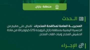 مخدرات جازان تقبض على مقيم لترويجه (25) كيلوجرامًا من الحشيش المخدر