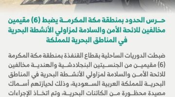 حرس الحدود بمكة المكرمة يضبط (6) مقيمين مخالفين للائحة الأمن والسلامة
