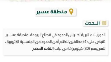 حرس الحدود بعسير يحبط تهريب (80) كيلوجرامًا من القات المخدر