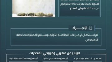 حرس الحدود بالمدينة المنورة يُحبط تهريب 10.8 كلجم من مادة الحشيش المخدر
