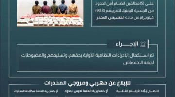 حرس الحدود بجازان يقبض على 5 مخالفين لنظام أمن الحدود لتهريبهم 90.8 كيلوجرامًا من مادة الحشيش المخدر