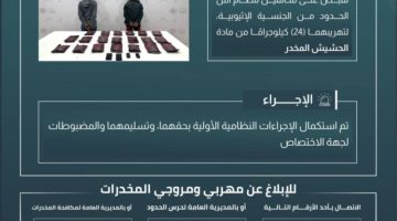 حرس الحدود بعسير يقبض على مخالفين لتهريبهما (24) كيلوجرامًا من الحشيش المخدر