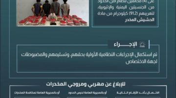 حرس الحدود بجازان يقبض على (4) مخالفين لتهريبهم (91.2) كيلوجرامًا من الحشيش المخدر