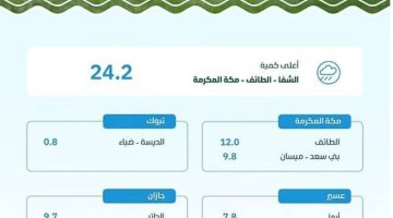 “البيئة” تسجّل هطول أمطار في (6) مناطق.. والشفا الأعلى كميةً بـ(24.2) ملم