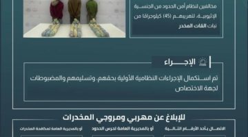 حرس الحدود بعسير يقبض على 3 مخالفين لنظام أمن الحدود لتهريبهم 45 كيلوجرامًا من نبات القات المخدر