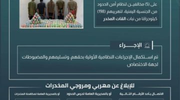حرس الحدود بجازان يقبض على 5 مخالفين لنظام أمن الحدود لتهريبهم 198 كيلوجرامًا من نبات القات المخدر